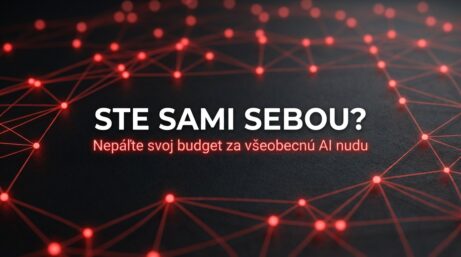 Červená digitálna sieť na tmavom pozadí s textom Ste sami sebou? Nepáľte svoj budget za všeobecnú AI nudu